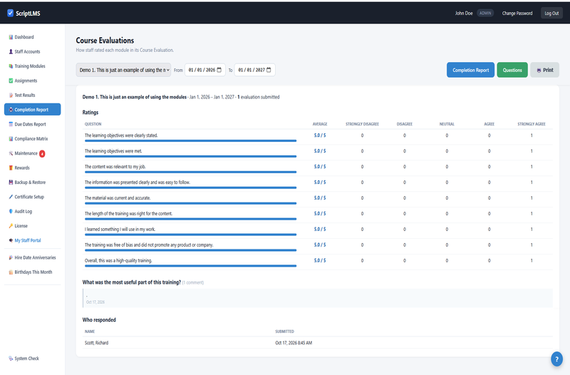 ScriptLMS Course Evaluations report showing how staff rated a training module, with averages, comments, and who responded